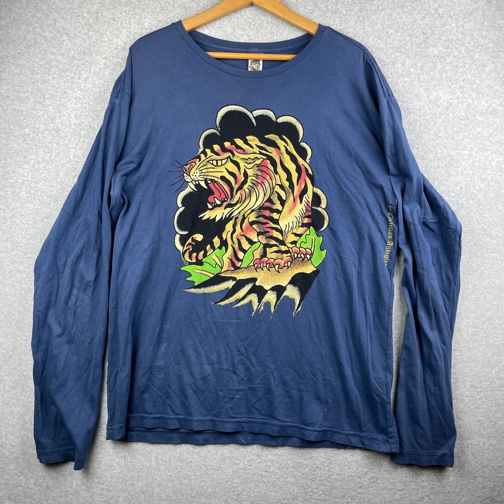 Ed Hardy Shirt Men XXL Blue Y2K Tiger LS Ed Hardy Tattoo Christian Audigier 2000